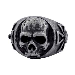 Bague Chevalière Crâne en Acier Inoxydable Finition Noire Oxydée Style Gothique Motard Détail Croix Argenté pour Hommes Bijou Étanche - Product Image 5