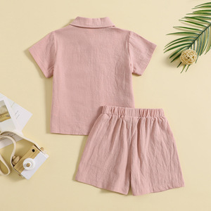 Costume d'été pour enfants en coton et <span class=keywords><strong>lin</strong></span>, chemise à manches courtes pour garçon et short, ensemble 2 pièces, couleur unie, vêtements pour enfants - Product Image 6