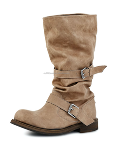 Botas de Ante Beige de Alta Calidad, Estilo Desgastado, a la Moda, Botas de Cuero hasta la Rodilla para Mujer, con Hebilla y Correa, Estilo Holgado - Product Image 1