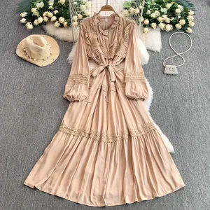 Vestido de noche de línea A de <span class=keywords><strong>moda</strong></span> coreana Vintage para <span class=keywords><strong>mujer</strong></span> Sexy dulce comestible árbol <span class=keywords><strong>hongo</strong></span> encaje botón manga larga drapeado sólido playa - Product Image 5