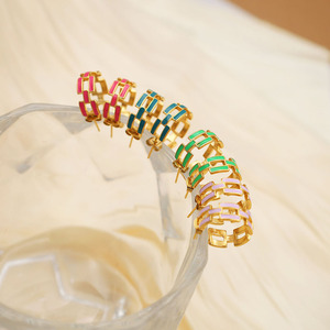 Geometric Stud Earrings Gold Plated Enamel Hoop Small Round Ear Studs For Women Fashion Jewelry Multi Color Choice - Product Image 3