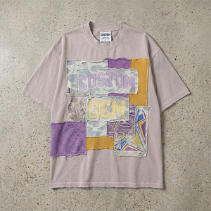 เสื้อยืดโอเวอร์ไซส์ทรงบ็อกซี่ ตัดเย็บแบบครอป ไหล่ตก ผ้าฝ้าย 100% น้ำหนัก 430 GSM ปักลายแบบแอพพลิเค  ฟอกสีแบบแอซิดวอช  ดีไซน์แบบดิสเทรส  รับผลิตแบบ OEM ตามสั่ง - Product Image 1