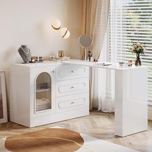 Tribesigns Grande coiffeuse d'angle blanche, <span class=keywords><strong>commode</strong></span> triple, bureau extensible avec meuble réversible - Product Image 2