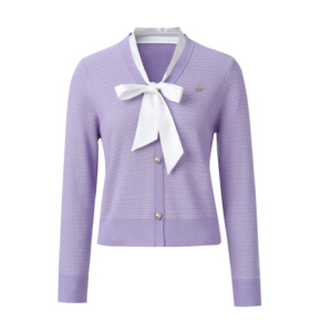 Cardigan da Donna in Maglia con Effetto Due Pezzi, Scollo a V con Fiocco, Bottoni in Perla, Maniche Lunghe, Colore Viola - Product Image 5