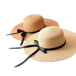 Cappelli Panama protezione solare estiva da viaggio per esterno Casual nastro nero a tesa larga da spiaggia cappello di paglia per le donne