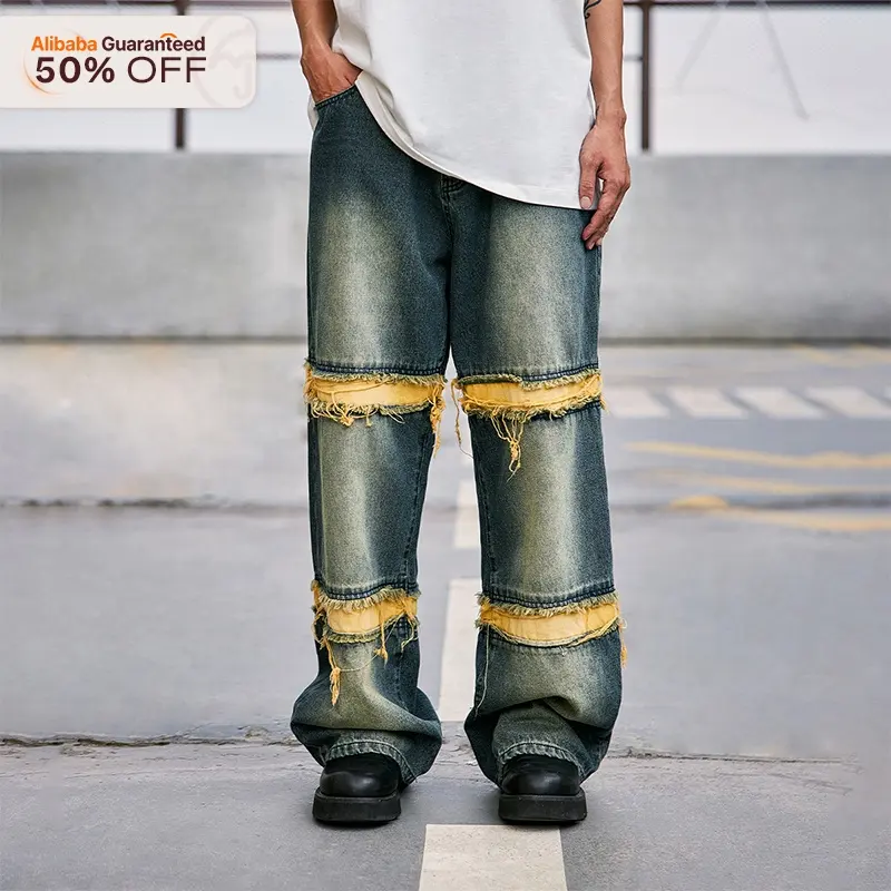 INFLATIOIN 50% off patchwork jeans détresse gland dernière conception jeans pantalons empilés baggy hommes jeans