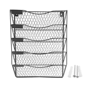 Populaire 3 Tier 5 Tier Black Metal Mesh Opknoping Mail Organizer Muur Bestand Houder Voor Kantoor School