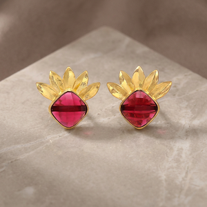 Arrival Brass 14K Gold Plated Ethnic Small Stylish <b>Hook</b> <b>Earrings</b> Flower Petal Design Red Ruby Hydro by Gemstone Unisex - Product Image 3