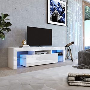 Meuble TV avec lumières LED, 2 tiroirs et étagères ouvertes, centre de divertissement brillant, <span class=keywords><strong>console</strong></span> multimédia, <span class=keywords><strong>table</strong></span> de rangement, <span class=keywords><strong>bureau</strong></span> - Product Image 3