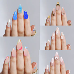 Groothandel Glanzend Ontwerp 24 Stuks Kleurrijke Tip Franse Pers Op Nagels Amandel Zomer Nep Nagels Lijm Op Nagels - Product Image 5