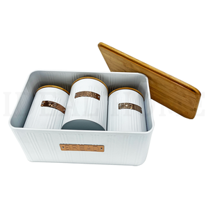 ชุดกล่องใส่ขนมปังและเครื่องดื่มโลหะสีขาวแบบกำหนดเอง พร้อมฝาไม้ไผ่ กล่องเก็บขนมปังและเครื่องดื่มทำจากเหล็กกล้าคาร์บอน - Product Image 3