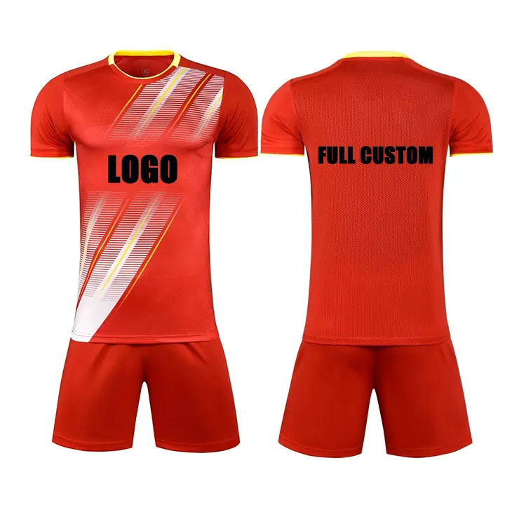 Uniforme de futebol personalizado com impressão digital de gola redonda, camisa de futebol de qualidade tailandesa vermelha e branca