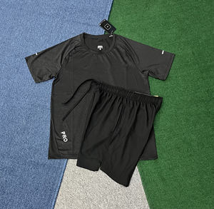 Ensemble de course 2 pièces pour homme avec logo imprimé, t-shirt à séchage rapide et <span class=keywords><strong>short</strong></span> de sport noir respirant, survêtement d'entraînement - Product Image 5