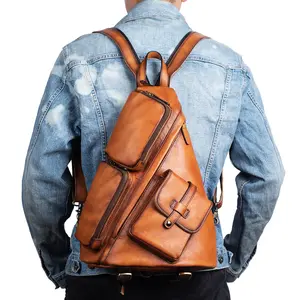 New Fashion Custom Unisex Men Outdoor Shoulder Waterproof High Back Pack Vintage Brown Leather School Genuine Leather bags