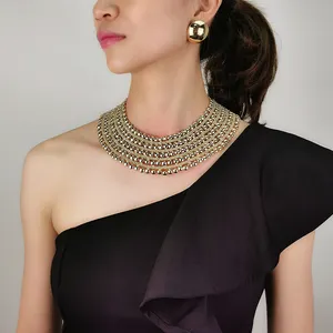 New Hot Bid Choker Sets Multi Layered Metal Beaded Necklace Stud Earrings Statement Gold Plated Wedding Party Jewelry Sets