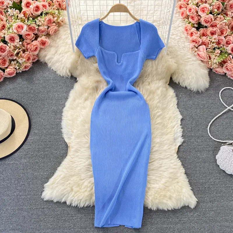 wholesale summer elegant solid dress women u-neck short sleeve knitted dress