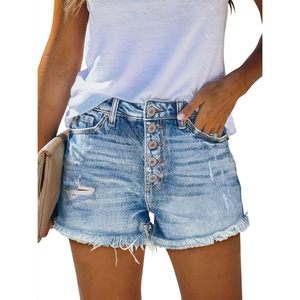 Shorts de Mezclilla FOXA para Mujer, Cintura Alta, Desgastados, con Botones al Frente, Estilo Veraniego - Product Image 1