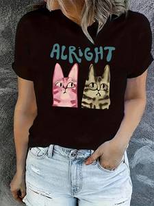 T-shirt a maniche corte con stampa simpatica gatta tabby, girocollo, casual, in jersey, 100% cotone, per tutte le stagioni - Product Image 3