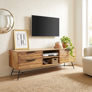 Commode en bois de chêne massif français à 2 tiroirs, design artisanal écologique, finition noyer, autoportante, pour salon et entrepôt - Product Image 1