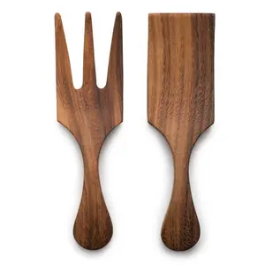 Custom wholesale kitchen salad serving tools 2 pcs acacia wooden salad spoons snd fork
