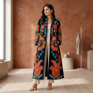<b>Women</b> Hand Embroidered Suzani <b>Velvet</b> Coat Royal Blue Floral Paisley Motif Long Duster <b>Jacket</b> Open Front Kimono Robe Boho Winter - Product Image 1