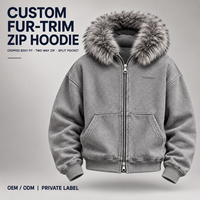 Sweat à capuche zippé personnalisé coupe courte, coupe ample unisexe, gris, avec bordure en fourrure, poche fendue, fermeture éclair bidirectionnelle, style streetwear, fournisseur en gros pour marques
