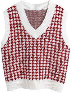 Pull en tricot sans manches géométrique à carreaux pour femmes, col en V, pull en <span class=keywords><strong>crochet</strong></span>, <span class=keywords><strong>gilet</strong></span> - Product Image 3