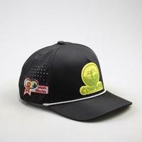 Casquette de baseball en nylon personnalisée à 5 panneaux avec logo en patch de caoutchouc imprimé, résistante à l'eau, perforée au laser, style trucker