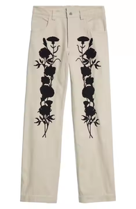 Jean droit pour <span class=keywords><strong>homme</strong></span> 100% coton, personnalisé, broderie feuilles, denim <span class=keywords><strong>kaki</strong></span>, pantalon décontracté, fermeture éclair avec boutons, design unique - Product Image 4