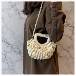 Perle Crossbody Poignée Anneau Mini Toto Rétro Floral Tissé À La Main Paille Sac <span class=keywords><strong>De</strong></span> Plage pour les Femmes - Product Image 3