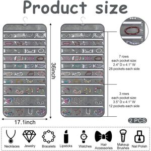 Double-Sided Folding Hanging Jewelry Organizer 80 Pockets 36 Hooks Fabric Storage Bag with Zipper for Earrings Necklaces Rings - Product Image 2