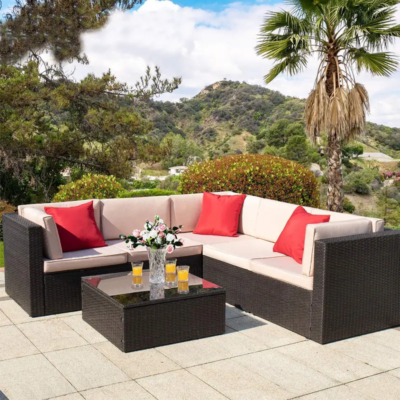 Hot Op Amazon Moderne Luxe Exclusieve Wicker Cane Pe Rotan Bruin Outdoor Patio Tuin Sofa Set Meubels