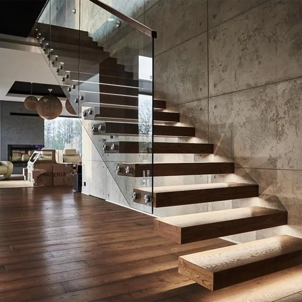 Solid wood led light floating staircase invisible steel stringer stairs with tempered glass railing