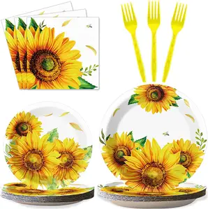 Sunflower Đồ Dùng Tiệc Sinh Nhật Chủ Đề Bộ Đồ Ăn Tiệc Màu Vàng Bộ Nĩa Khăn Ăn Giấy Ăn Tiệc Tùng Cho Trẻ Em