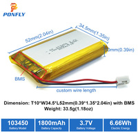 Batterie Lipo PONFLY 1800mAh 3.7V 103450-1800, batterie lithium-ion polymère rechargeable, 500 cycles, certifiée CE