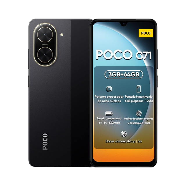 POCO C71 4G CDMA Smartphone Deca Core Snapdragon 3GB/64GB Black 1.7" 120Hz LCD 5200mAh 32MP AI Dual Camera Dual SIM English