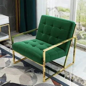 Poltrona da sala de estar, sofá de aço inoxidável dourado verde veludo