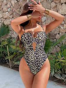 Costume da bagno intero da donna a costine con nodo frontale e cut-out, monokini modellante per il controllo della pancia, ideale per la spiaggia - Product Image 1
