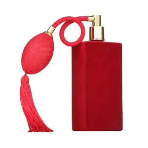 Wholesale Empty Glass Square Shape Perfume Bottles, 100ml Red Flocking Glass Perfume Bottle With Airbag Pump!