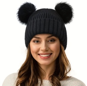 女性分厚いニットビーニー付きダブルポンポン耳 - Product Image 6