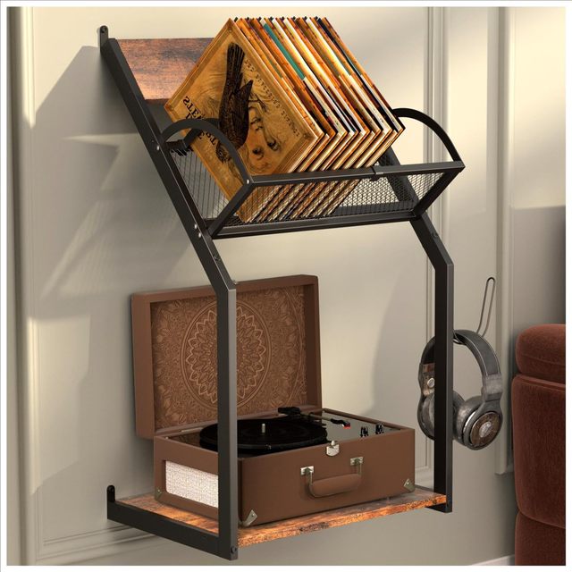 Metal Rustic Wall Mounted Record Player Stand with CD Vinyl Adjustable Height Double Tier Record Storage Shelves Racks