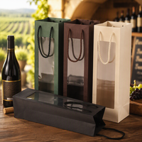 Sacs en papier kraft de luxe avec fenêtre, design élégant personnalisé, poignées en corde enduite imperméable, qualité alimentaire, pour emballage de bouteilles de vin