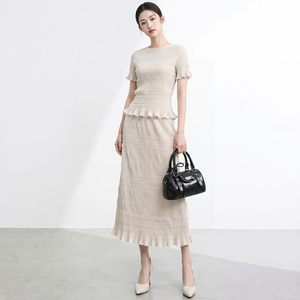 Korean Women's Short Sleeve Pleated Long <b>Dress</b> Set With <b>Ruffles</b> O-Neck Elegant Spring Summer Solid Color Breathable Regular Fit - Product Image 2