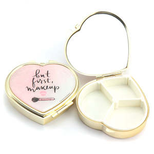 <b>Heart</b> Compact Pill <b>Box</b> with HD Glass Mirror Gold Electroplated Metal 3 Compartment Travel Pill Case Jewelry Storage Container - Product Image 3