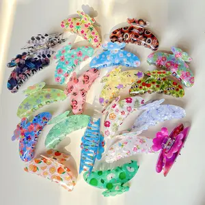 GENYA Wholesale 20 Colors Flower Fruit Printed Hair Claw Clips 11cm Large Acrylic Colorful Hair Accessories For Wom
