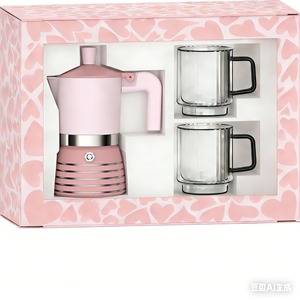 Ensemble de cafetière Moka rose Emode New Style pour la Saint-Valentin en aluminium avec deux tasses - Product Image 2