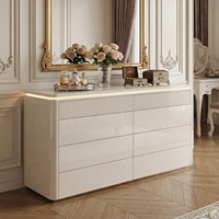 Ensemble de commode de maquillage moderne en MDF blanc crème brillant pour chambre à coucher avec poignées à ouverture par pression sans poignée et LED à capteur COB