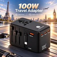 Adaptateur de voyage universel 100W GaN, chargeur rapide, câble rétractable Type C, multi-ports, prise EU, UK, US, AU, adaptateur secteur universel