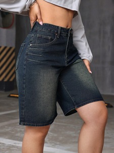 Shorts en <span class=keywords><strong>jean</strong></span> délavé décontractés de style rétro américain pour femmes, coupe ajustée, coupe droite, <span class=keywords><strong>mi</strong></span>-longueur, été - Product Image 3