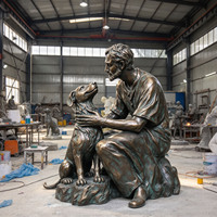 Statue de jardin en bronze antique, homme agenouillé et chien fidèle, sculpture artisanale, décoration paysagère extérieure pour ferme
